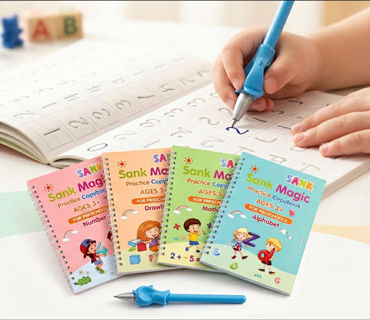 ✨ 4 Cuadernos Mágicos Infantiles: aprende números, letras y dibujos en inglés, sin límites ni frustración